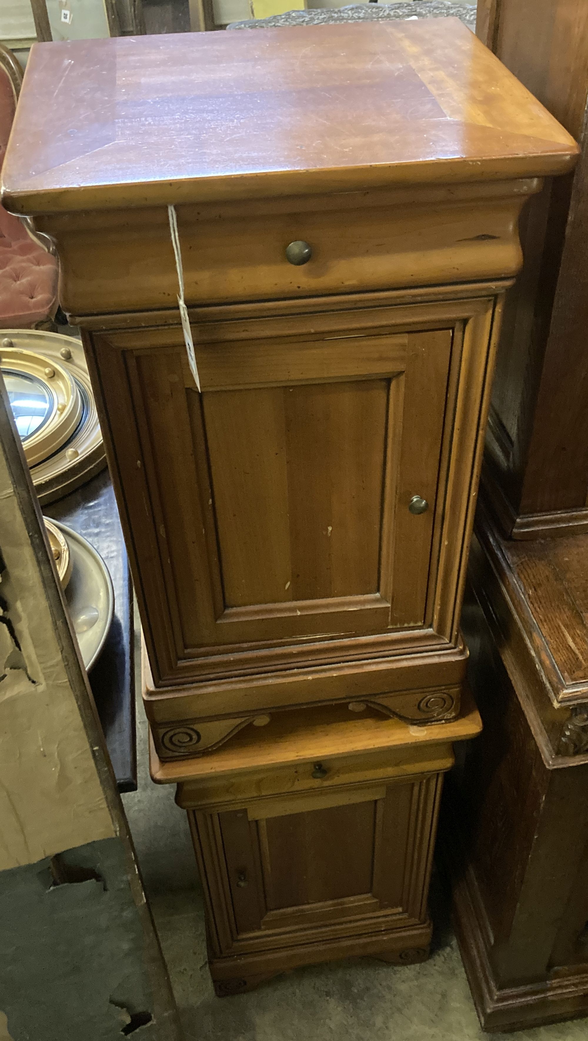 A pair of French style cherry bedside cabinets, width 40cm, depth 35cm, height 72cm